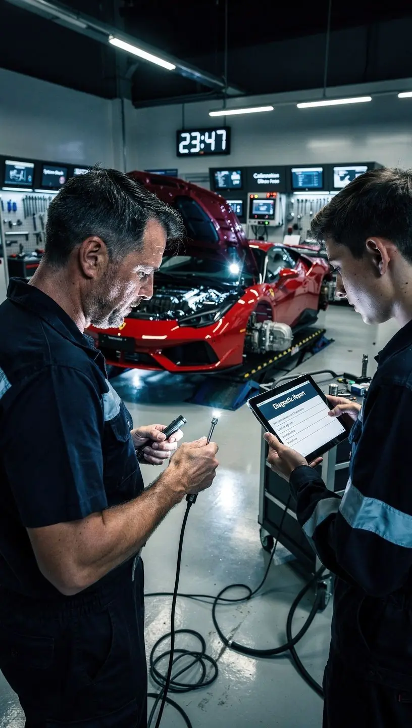Ansicht eines Fahrzeugs auf Hebebühne während computergestützter Inspektion im Diagnoselabor