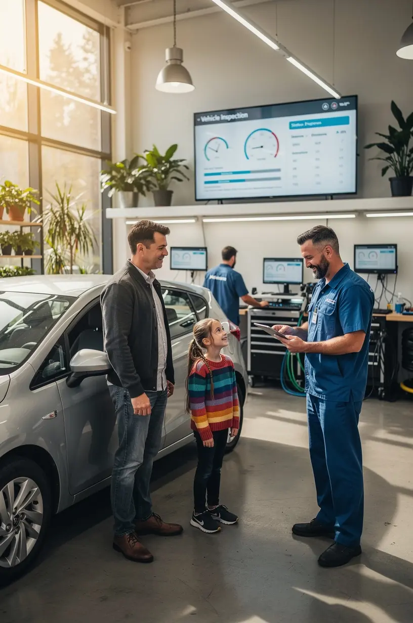 Techniker überprüft Fahrzeug mittels digitaler Diagnosesoftware in spezialisierten Werkstatt