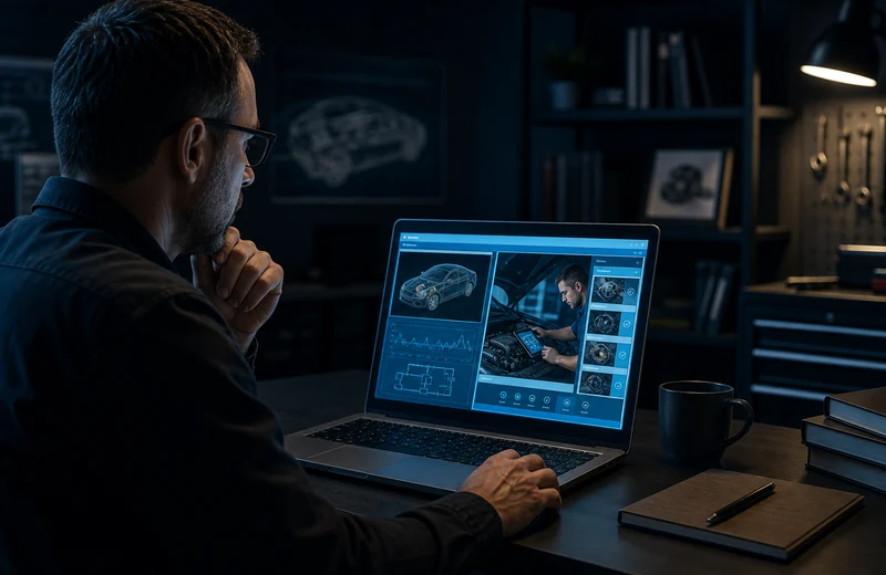 Redakteur am Laptop mit Diagnose-Lernschema