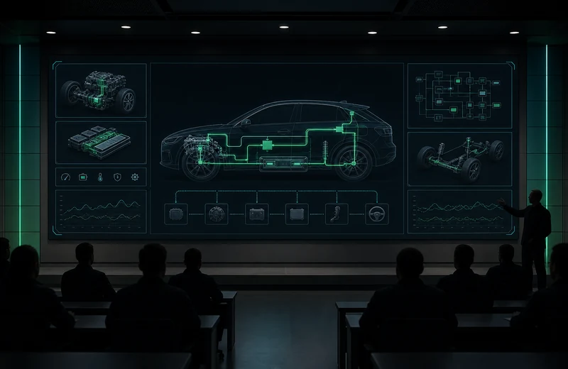 Präsentation mit Fahrzeugsystem-Diagrammen in dunkler Aula