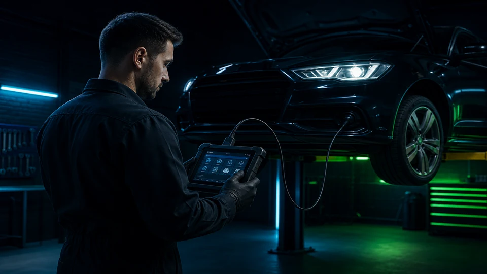 Techniker führt Computerdiagnose mit OBD-Tablet an Fahrzeug auf Hebebühne durch